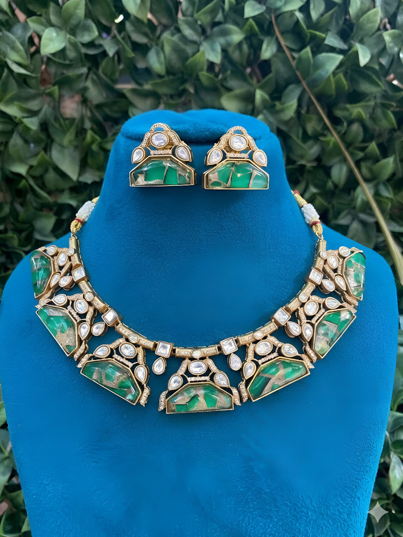 Green stone kundan choker necklace set with matching earrings