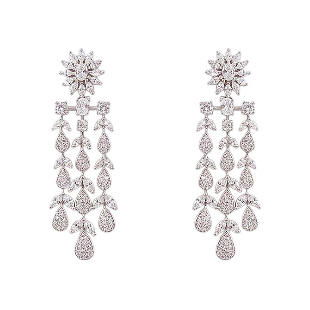 Luxury silver-plated diamond choker necklace set with matching long earrings