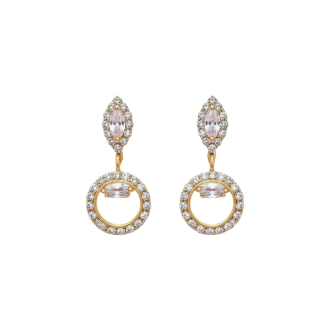 "Gold-plated diamond necklace set with circular motifs and drop earrings on black velvet stand – ideal for party or festive wear."