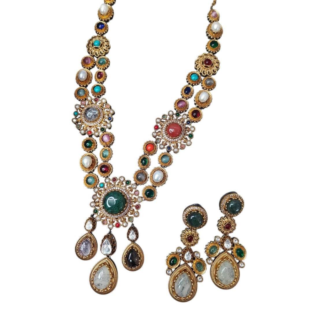 Grand Multicolor Temple Style Kundan Necklace Set - Auraa Trends