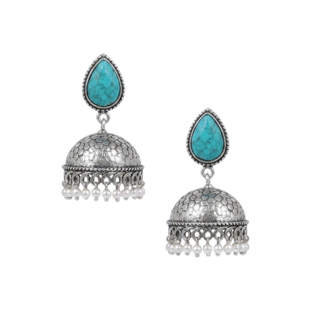 Turquoise Stone Oxidised Silver Jhumka Earrings for Women