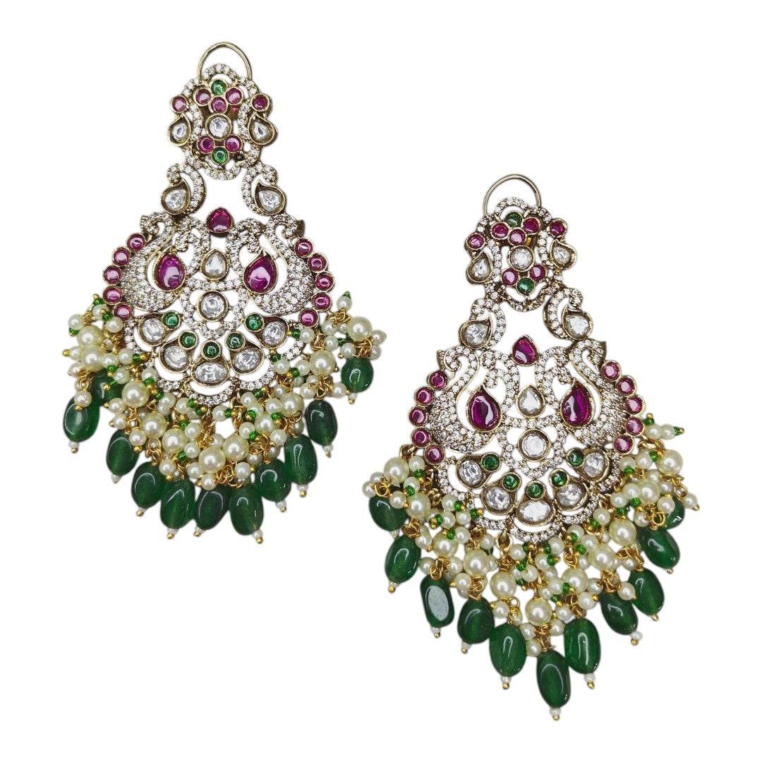 Antique Gold Kundan Chandbali Earrings with Pearl & Green Bead Drops - Auraa Trends