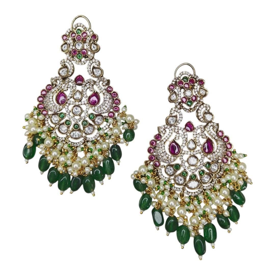 Antique Gold Kundan Chandbali Earrings with Pearl & Green Bead Drops - Auraa Trends