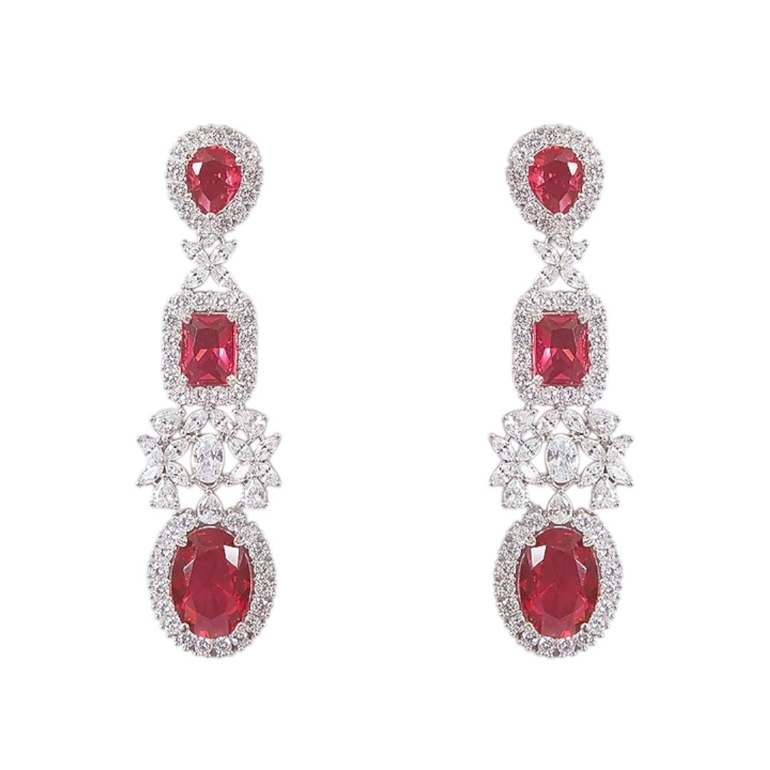 Silver-plated choker necklace set with ruby red stones and cubic zirconia diamonds, paired with matching long drop earrings for women
