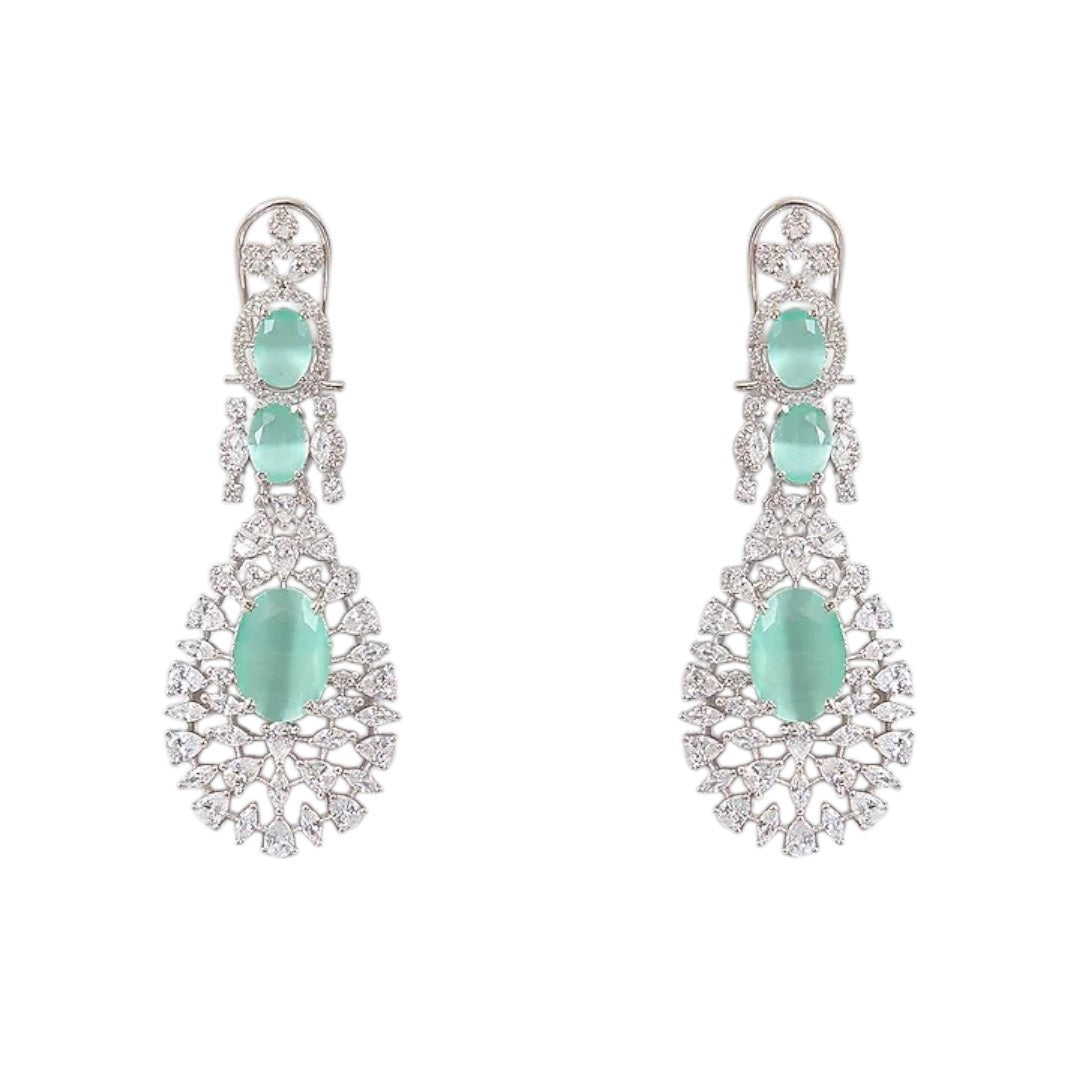 Silver-plated choker necklace set with mint green oval stones and CZ diamonds, featuring matching drop earrings for women