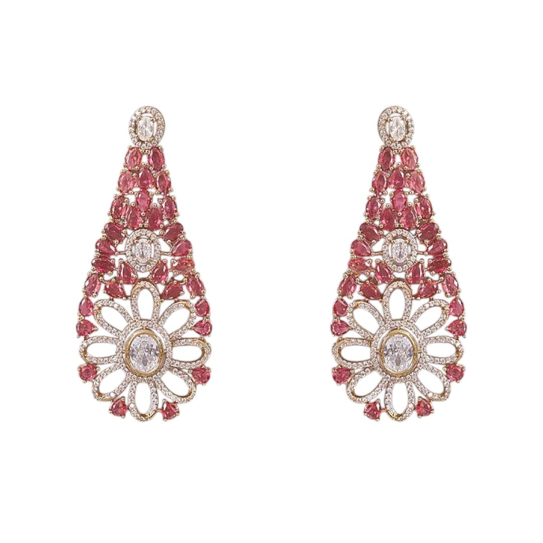 Gold-plated ruby and diamond floral choker necklace set with matching earrings – luxury bridal jewelry for women