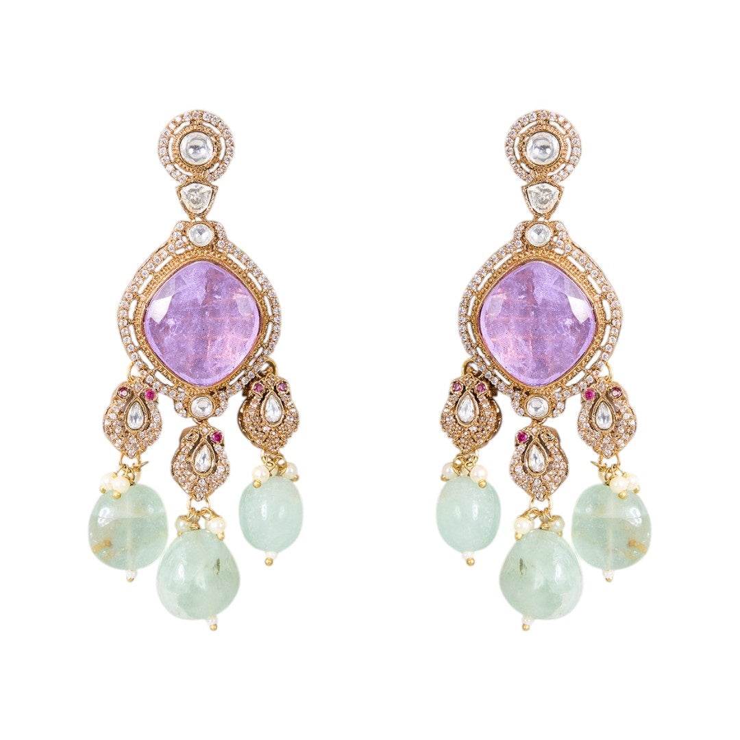 Lavender Stone and Mint Green Beaded Kundan Choker Necklace Set with Earrings - Auraa Trends