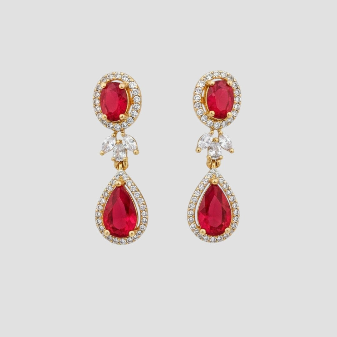 “Gold-plated necklace set with red ruby teardrop stones and matching earrings for women.”