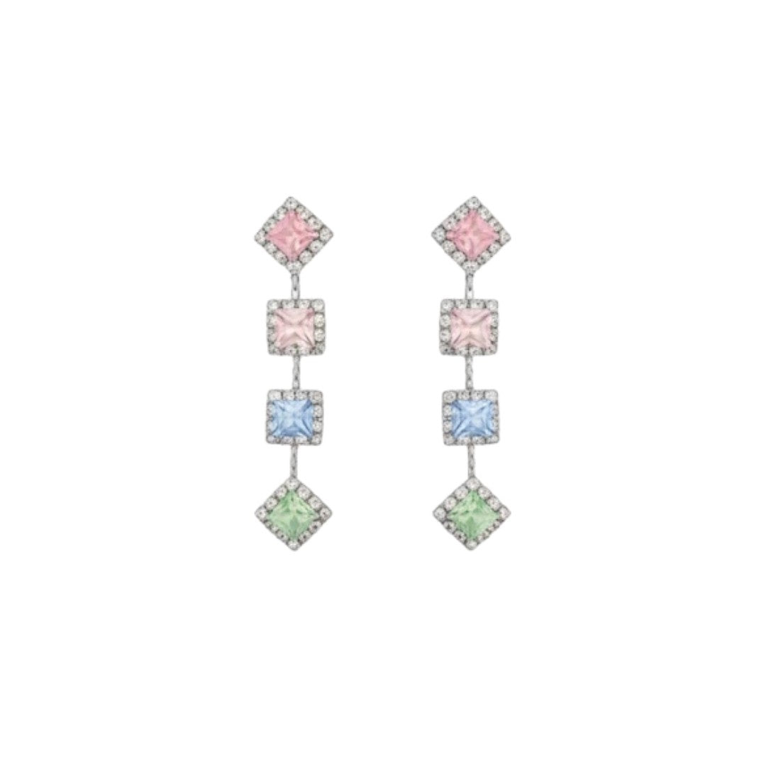 "Elegant pastel pink and green stone necklace with matching earrings displayed on black velvet stand"