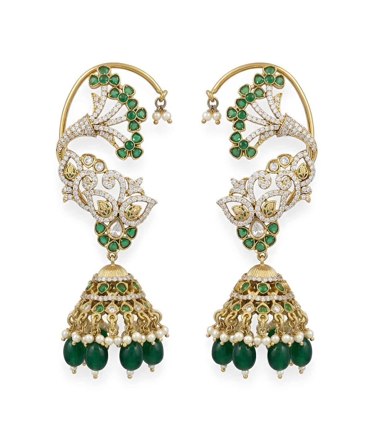 Gold plated emerald green ear cuff jhumka earrings with American diamond stones, green beads and pearl hangings on a white background