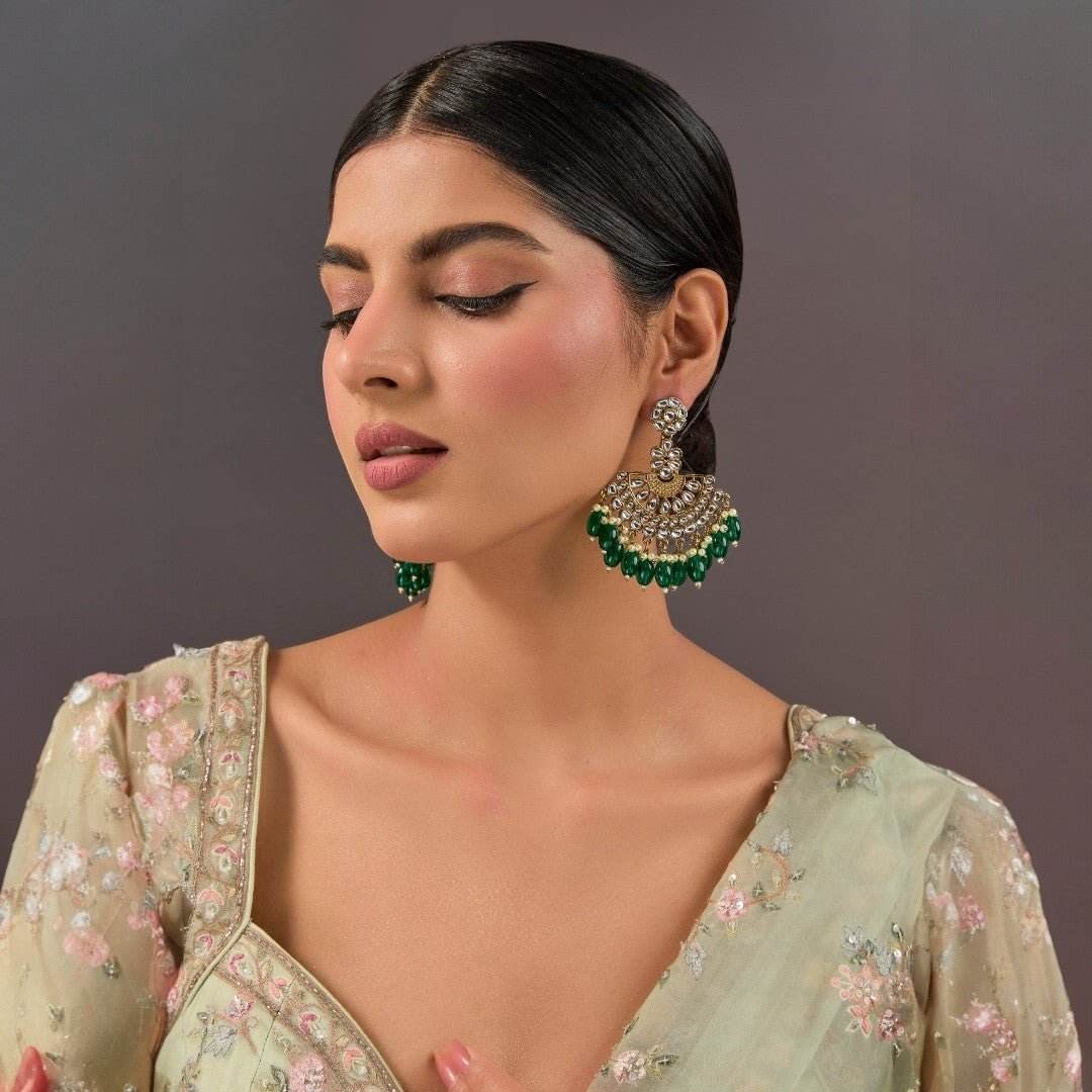 Earrings Emerald Green Kundan Jhumka. - Auraa Trends