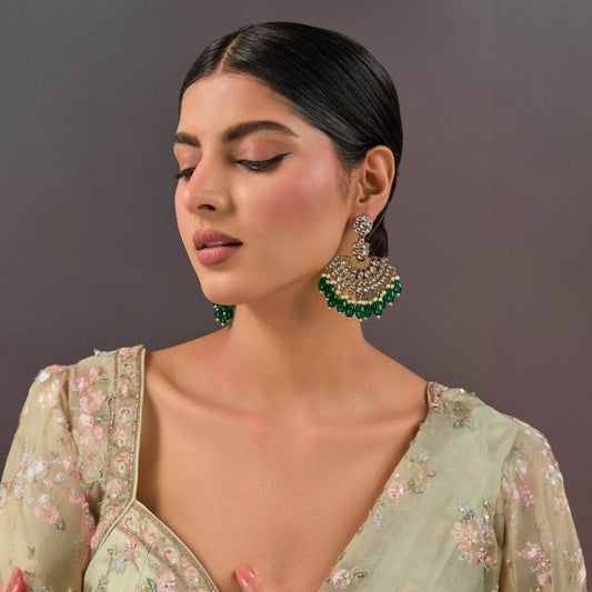 Earrings Emerald Green Kundan Jhumka. - Auraa Trends
