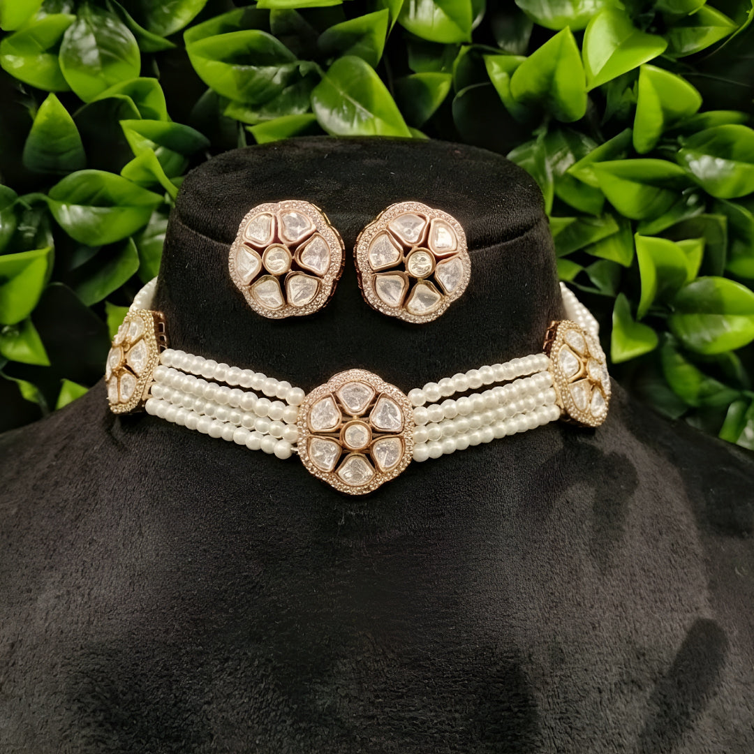 Elegant Kundan & Pearl Choker Necklace Set with Matching Stud Earrings