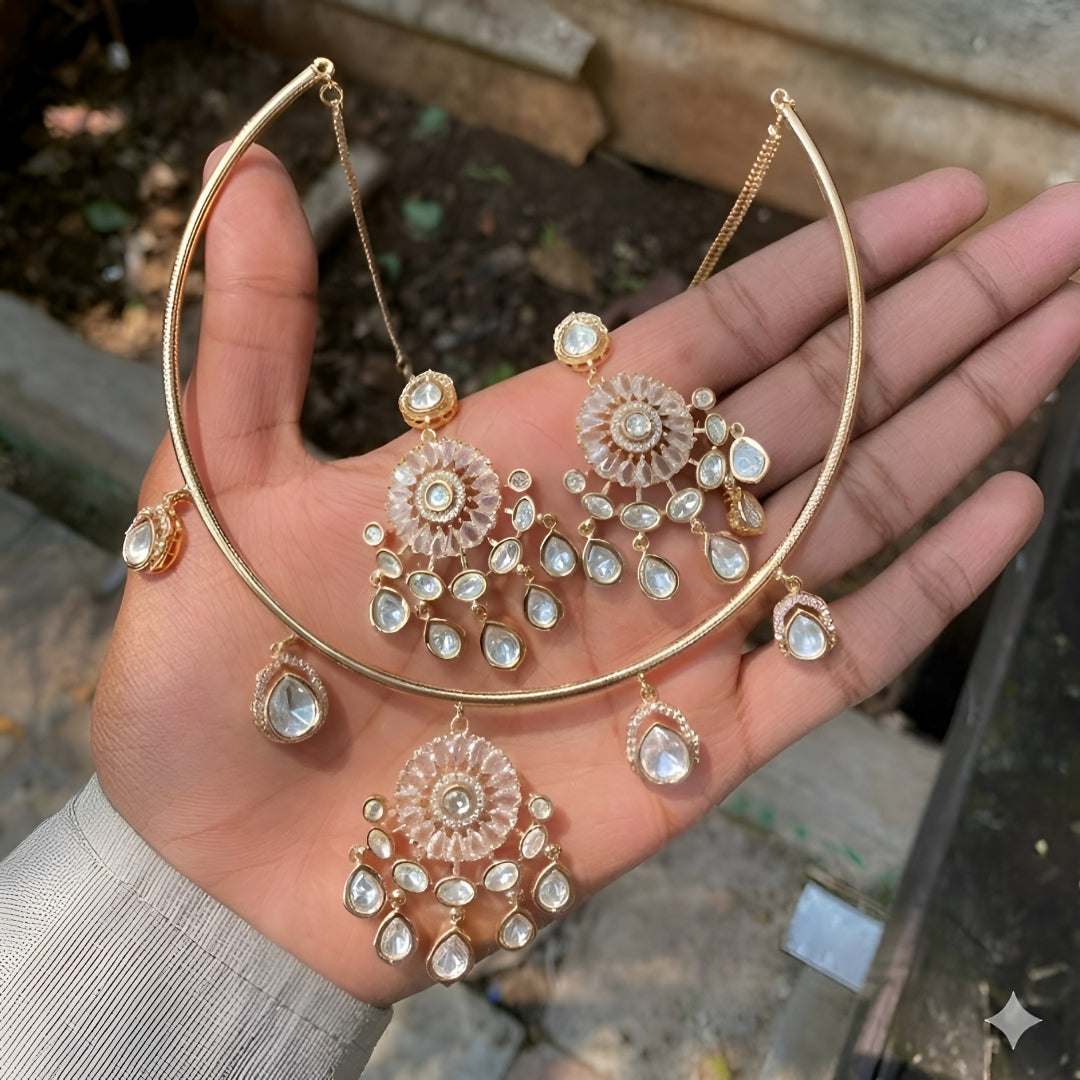 Gold Plated Kundan Choker Necklace Set with Crystal Drops & Matching Earrings for Women