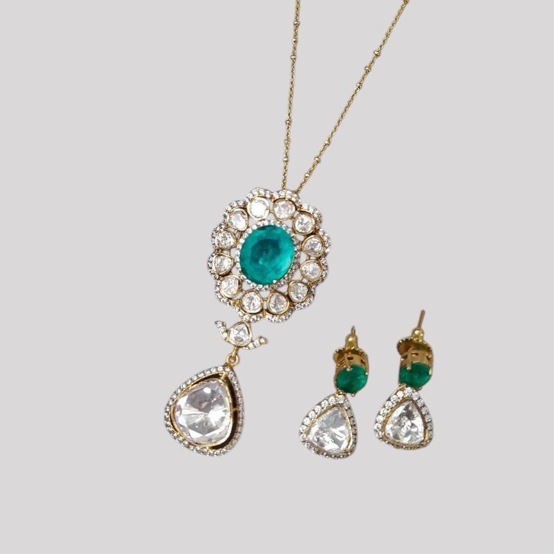 Elegant Emerald Green Stone Necklace Set with Earrings for Women - Auraa Trends - Necklace Set - - Auraa Trends - "Model wearing elegant emerald green and diamond - style necklace set with matching drop earrings - perfect for weddings and festive occasions."