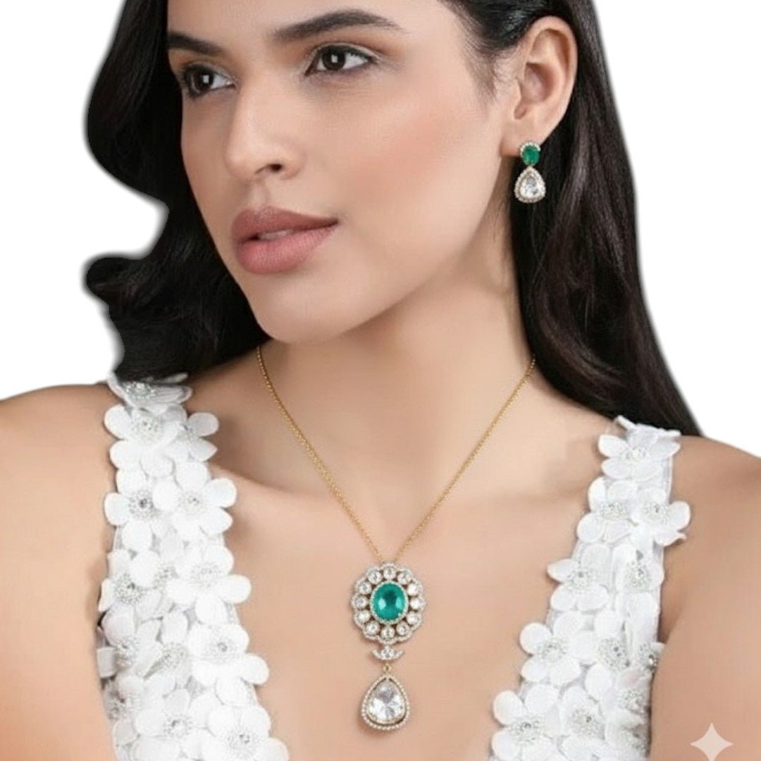 Elegant Emerald Green Stone Necklace Set with Earrings for Women - Auraa Trends - Necklace Set - - Auraa Trends - "Model wearing elegant emerald green and diamond - style necklace set with matching drop earrings - perfect for weddings and festive occasions."