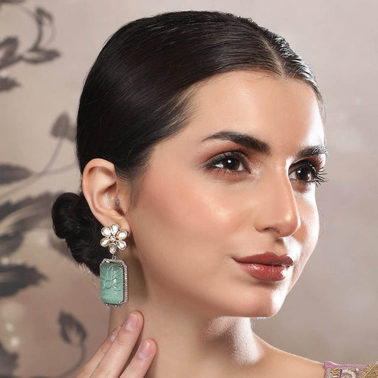 Elegant Floral Mint Green Stone Drop Earrings - Auraa Trends