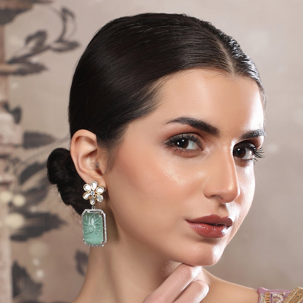 Elegant Floral Mint Green Stone Drop Earrings - Auraa Trends - Drop - Buy Elegant Floral Mint Green Stone Drop Earrings