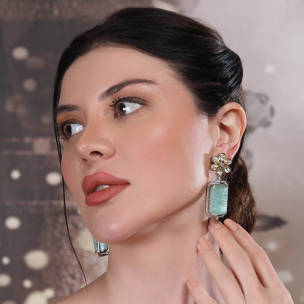 Elegant Floral Mint Green Stone Drop Earrings - Auraa Trends