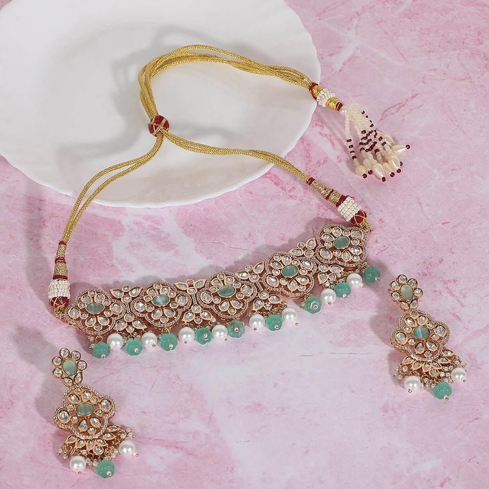Elegant Gold & Green Pearl Choker Necklace & Earring Set - Auraa Trends