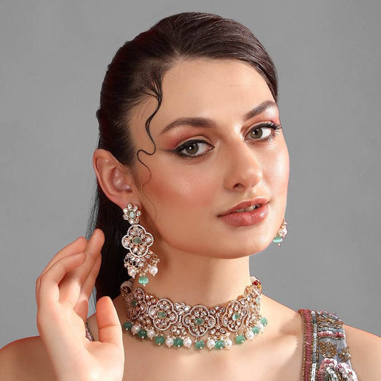 Elegant Gold & Green Pearl Choker Necklace & Earring Set - Auraa Trends
