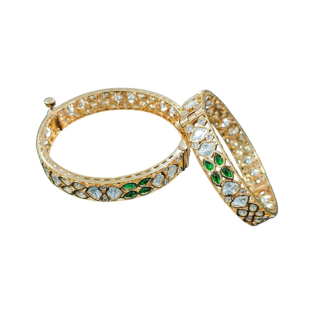 Elegant Gold - Plated Green & White Kundan Bangles - Auraa Trends - Bangles - - Auraa Trends - Elegant Gold - Plated Green & White Kundan Bangles
