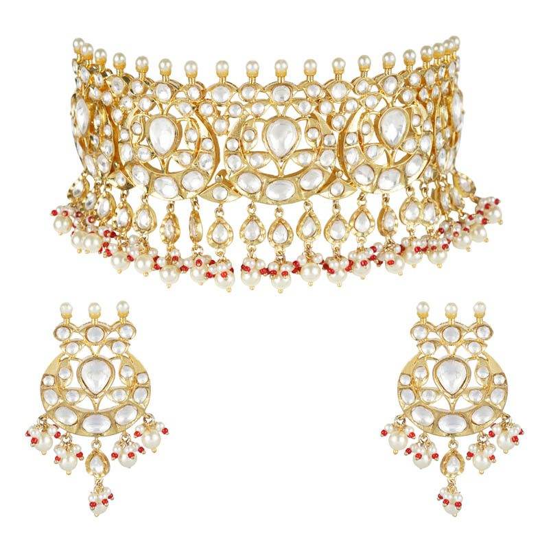 Elegant Gold Plated Kundan Choker Necklace Set - Auraa Trends