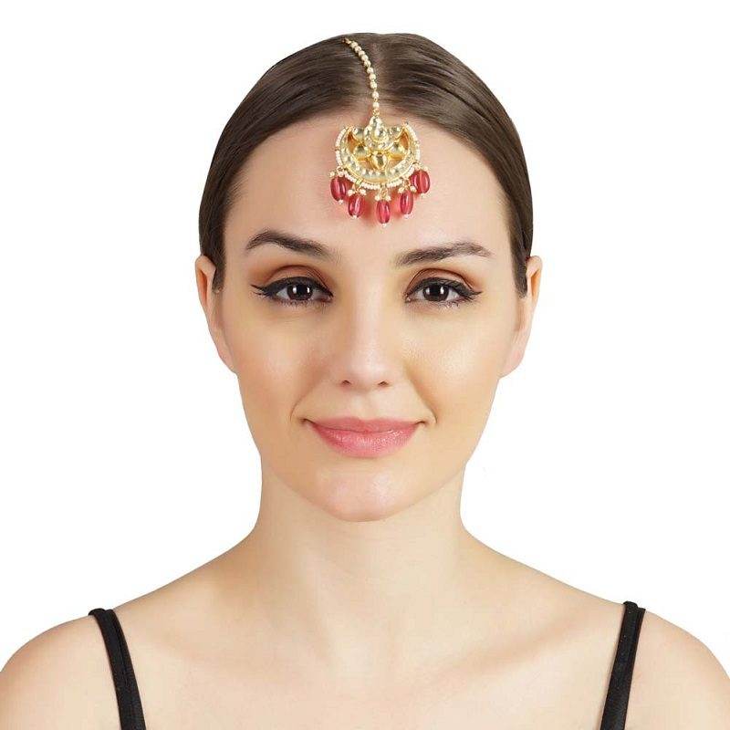 Elegant Gold-Plated Maangtikka with Red Beads - Auraa Trends