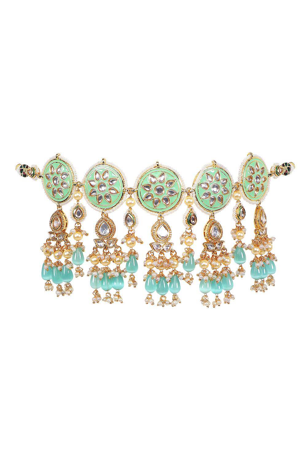 Elegant Gold-Plated Mint Green & Blue Kundan Choker Necklace - Auraa Trends