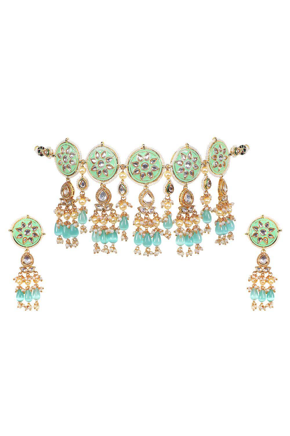 Elegant Gold-Plated Mint Green & Blue Kundan Choker Necklace - Auraa Trends