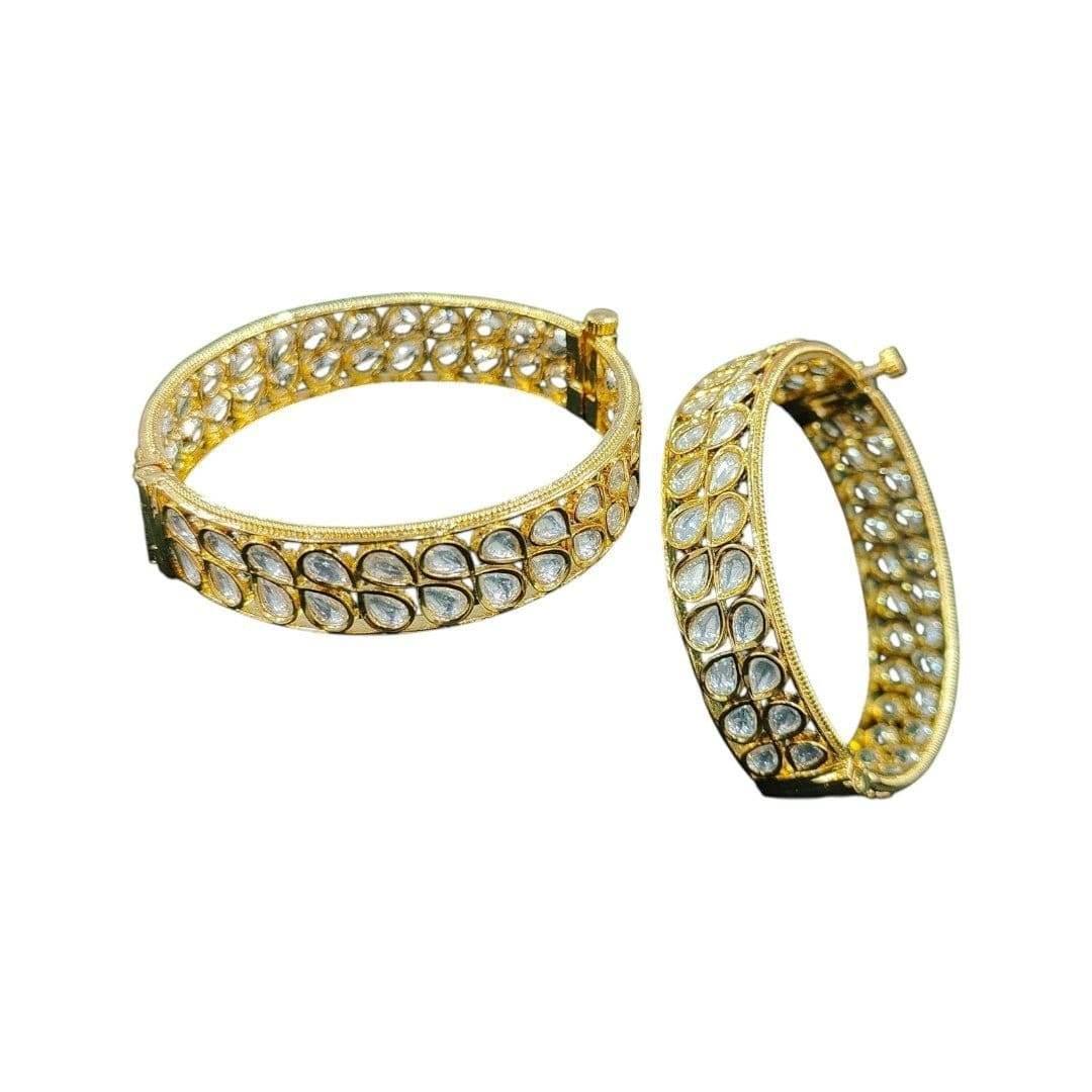Elegant Gold-Plated Tear-Drop Polki Stone Bangles - Auraa Trends