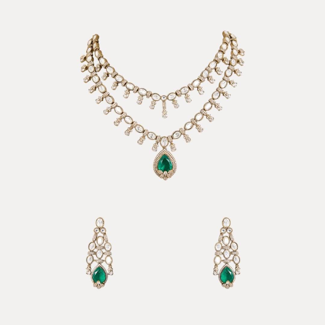 Elegant Green and Pearl Necklace with Matching Earrings for Bridal and Festive Occasions - Auraa Trends