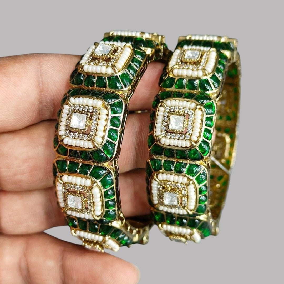 Elegant Green and White Enamel Kundan Bracelet Set with Square Shaped Stones - Auraa Trends - Bangles - - Auraa Trends - Elegant Green and White Enamel Kundan Bracelet Set with Square Shaped Stones