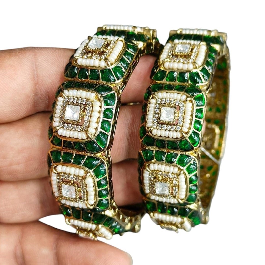 Elegant Green and White Enamel Kundan Bracelet Set with Square Shaped Stones - Auraa Trends - Bangles - - Auraa Trends - Elegant Green and White Enamel Kundan Bracelet Set with Square Shaped Stones
