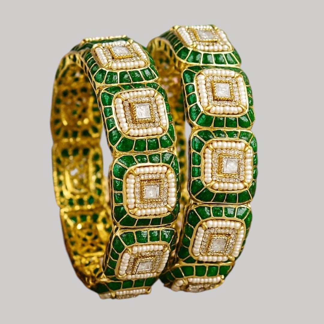 Elegant Green and White Enamel Kundan Bracelet Set with Square Shaped Stones - Auraa Trends - Bangles - - Auraa Trends - Elegant Green and White Enamel Kundan Bracelet Set with Square Shaped Stones