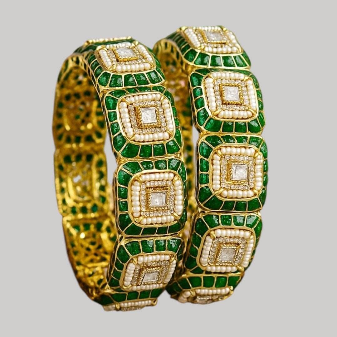 Elegant Green and White Enamel Kundan Bracelet Set with Square Shaped Stones - Auraa Trends