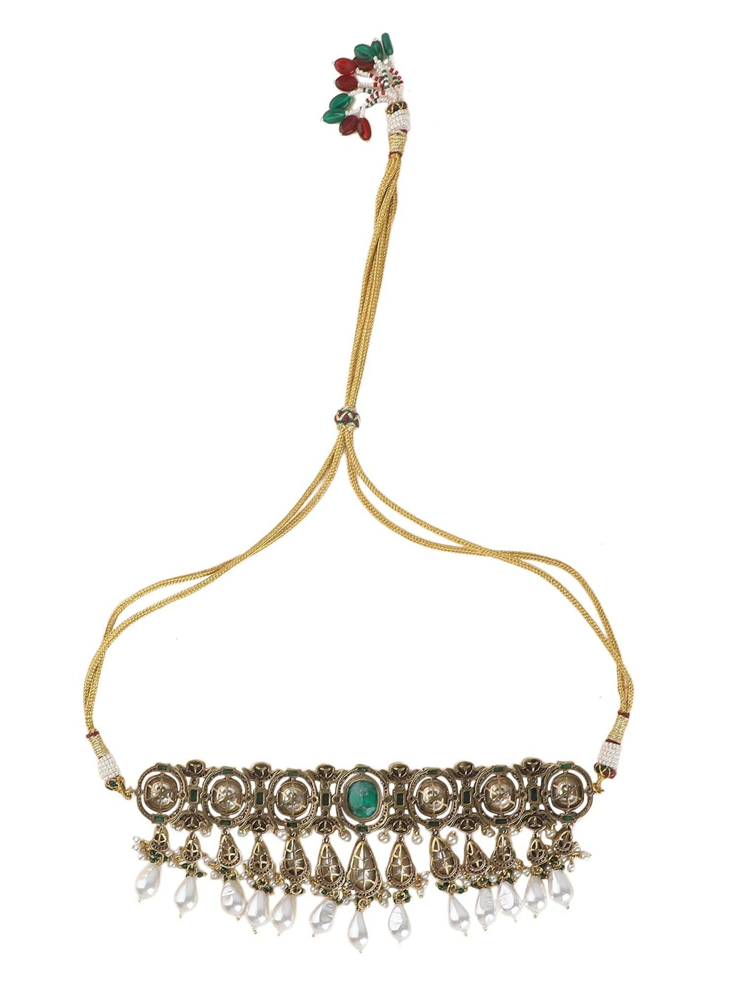 Elegant Green Beaded Choker Necklace Set with Gold-Toned & White Gold Accents - Auraa Trends