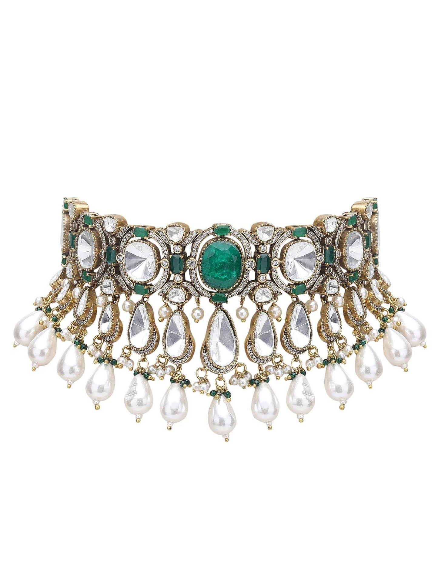 Elegant Green Beaded Choker Necklace Set with Gold-Toned & White Gold Accents - Auraa Trends