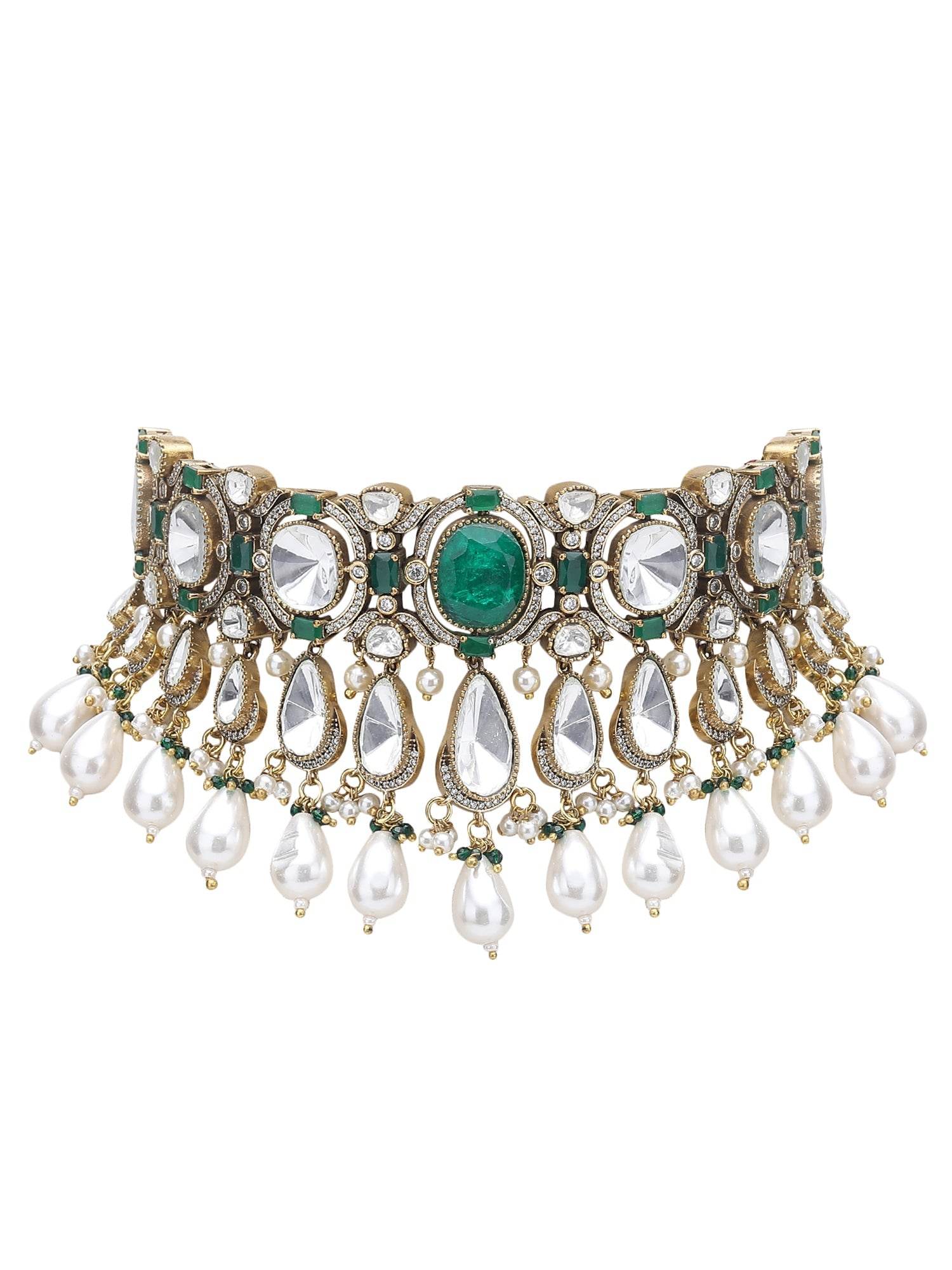 Elegant Green Beaded Choker Necklace Set with Gold-Toned & White Gold Accents - Auraa Trends