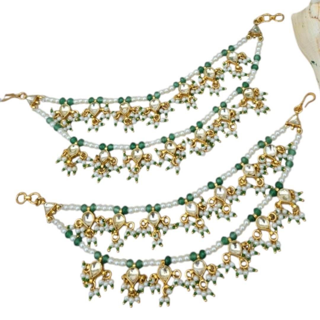 Elegant Green Kundan Pearl Multi-Layer Kaan Chain - Auraa Trends