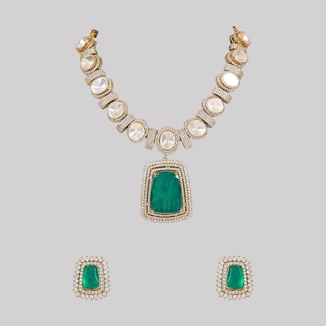 Elegant Green Pendant Kundan Choker Necklace Set with Stud Earrings for Women - Auraa Trends - Necklace Set - - Auraa Trends - "Traditional gold - plated Kundan choker necklace set with bold green rectangular pendant and matching stud earrings for women – ideal for weddings and festive wear"