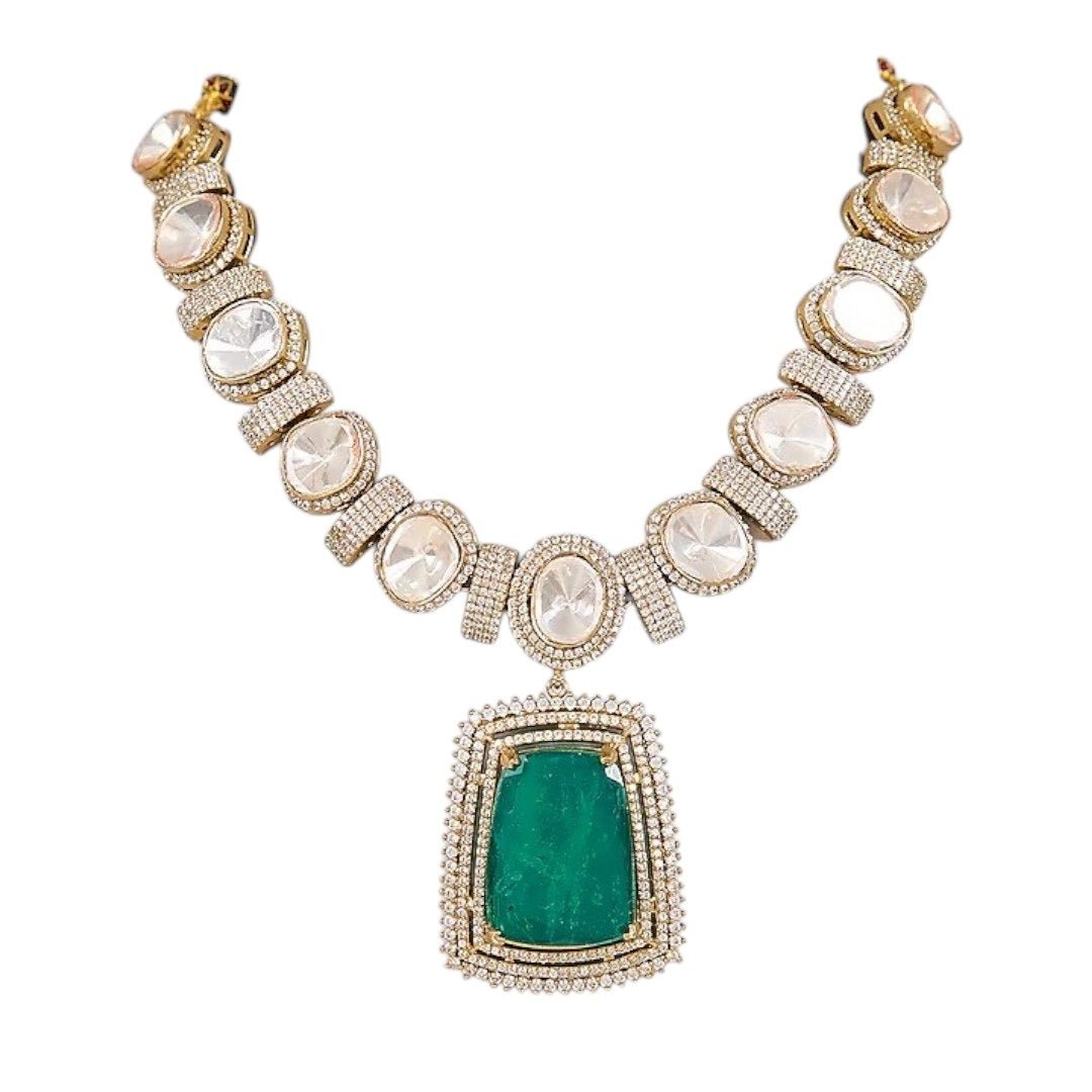 Elegant Green Pendant Kundan Choker Necklace Set with Stud Earrings for Women - Auraa Trends - Necklace Set - - Auraa Trends - "Traditional gold - plated Kundan choker necklace set with bold green rectangular pendant and matching stud earrings for women – ideal for weddings and festive wear"