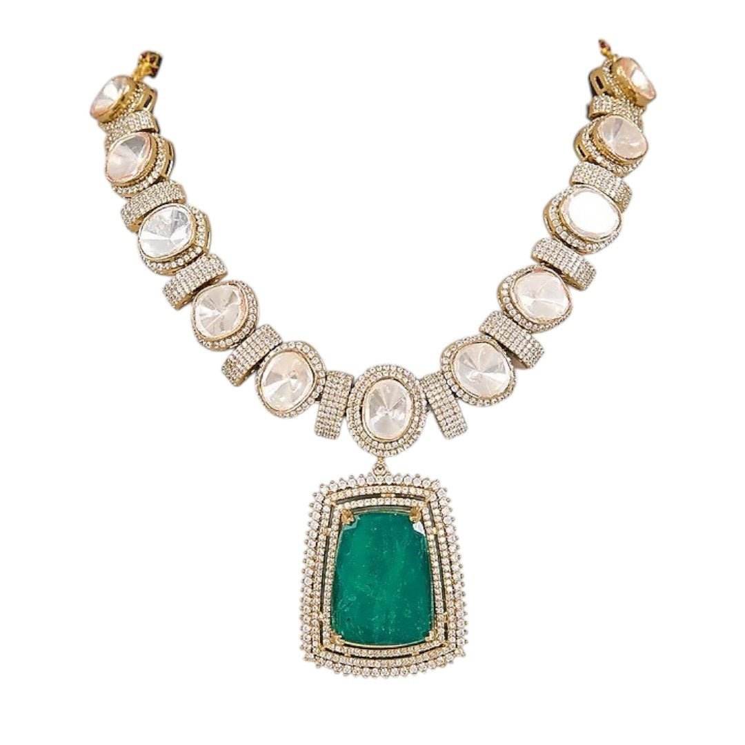 Elegant Green Pendant Kundan Choker Necklace Set with Stud Earrings for Women - Auraa Trends