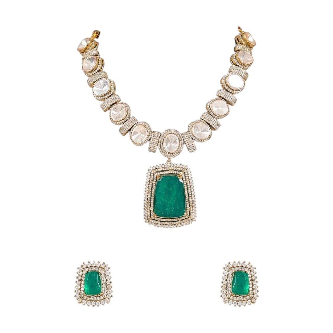 Elegant Green Pendant Kundan Choker Necklace Set with Stud Earrings for Women - Auraa Trends - Necklace Set - - Auraa Trends - "Traditional gold - plated Kundan choker necklace set with bold green rectangular pendant and matching stud earrings for women – ideal for weddings and festive wear"