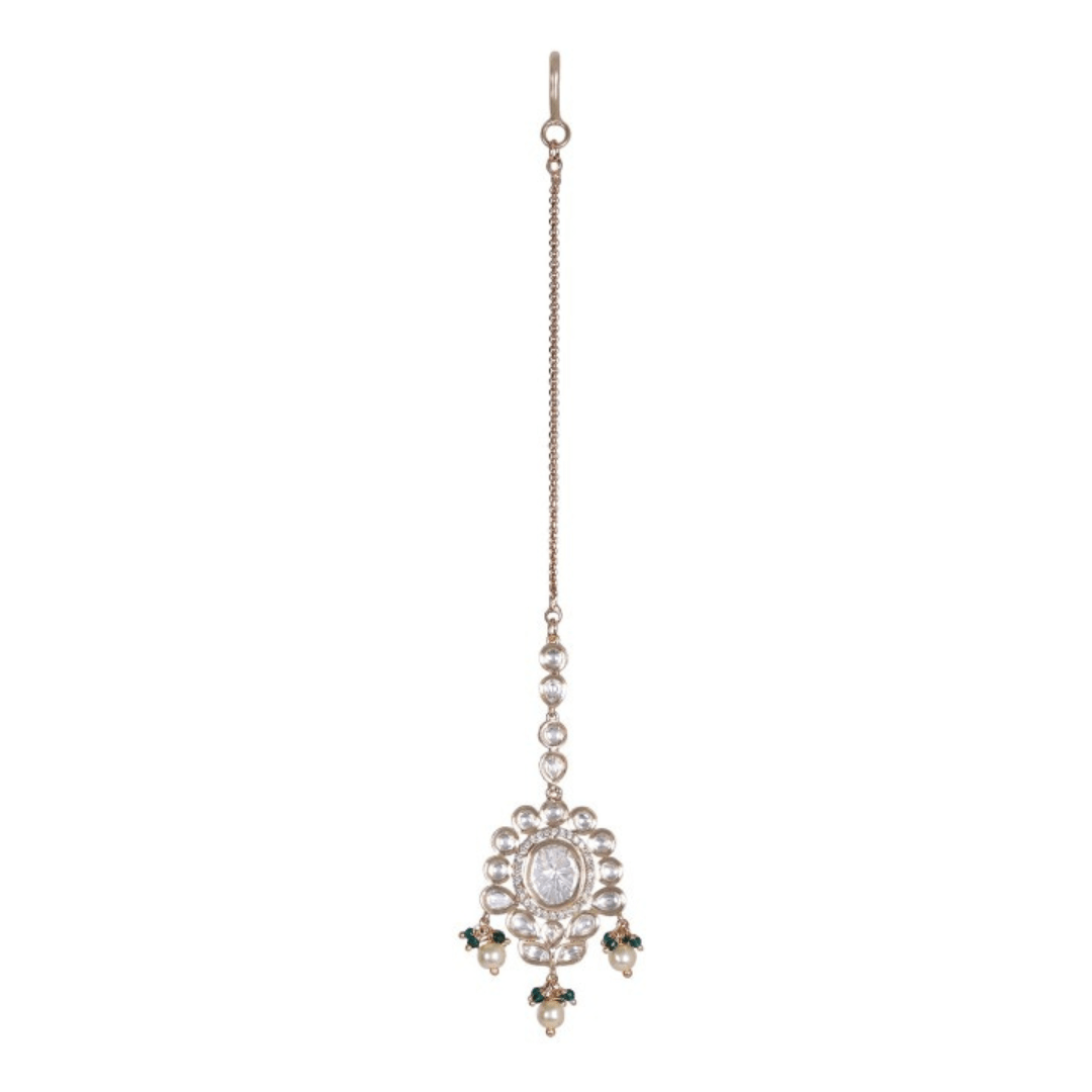 Elegant Kundan Bridal Necklace Set with Earrings & Maangtikka - Choker - Auraa Trends - Elegant Kundan Bridal Necklace Set