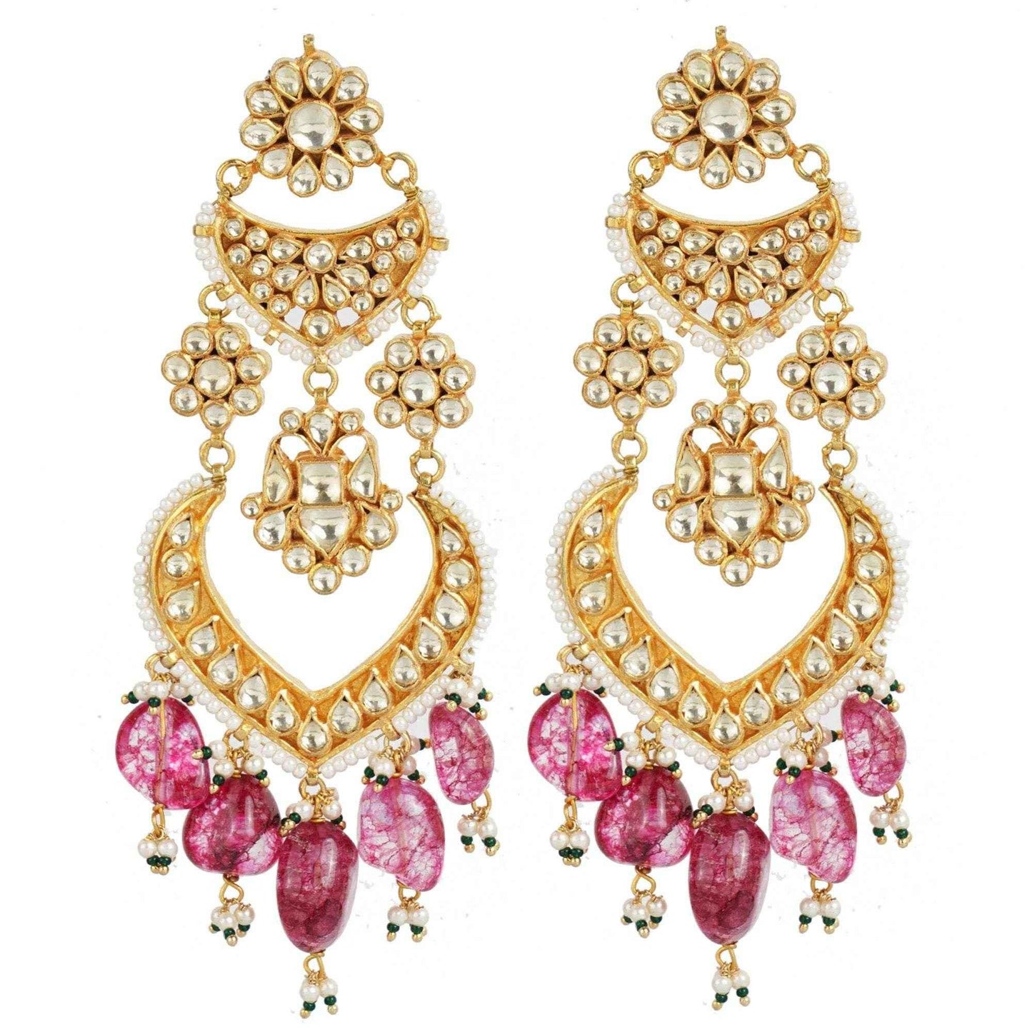 Elegant Kundan Chandelier Earrings with Pink Stone Drops - Auraa Trends