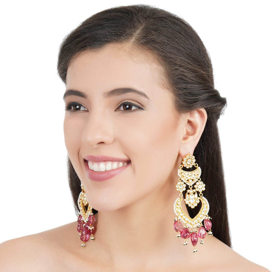 Elegant Kundan Chandelier Earrings with Pink Stone Drops - Auraa Trends