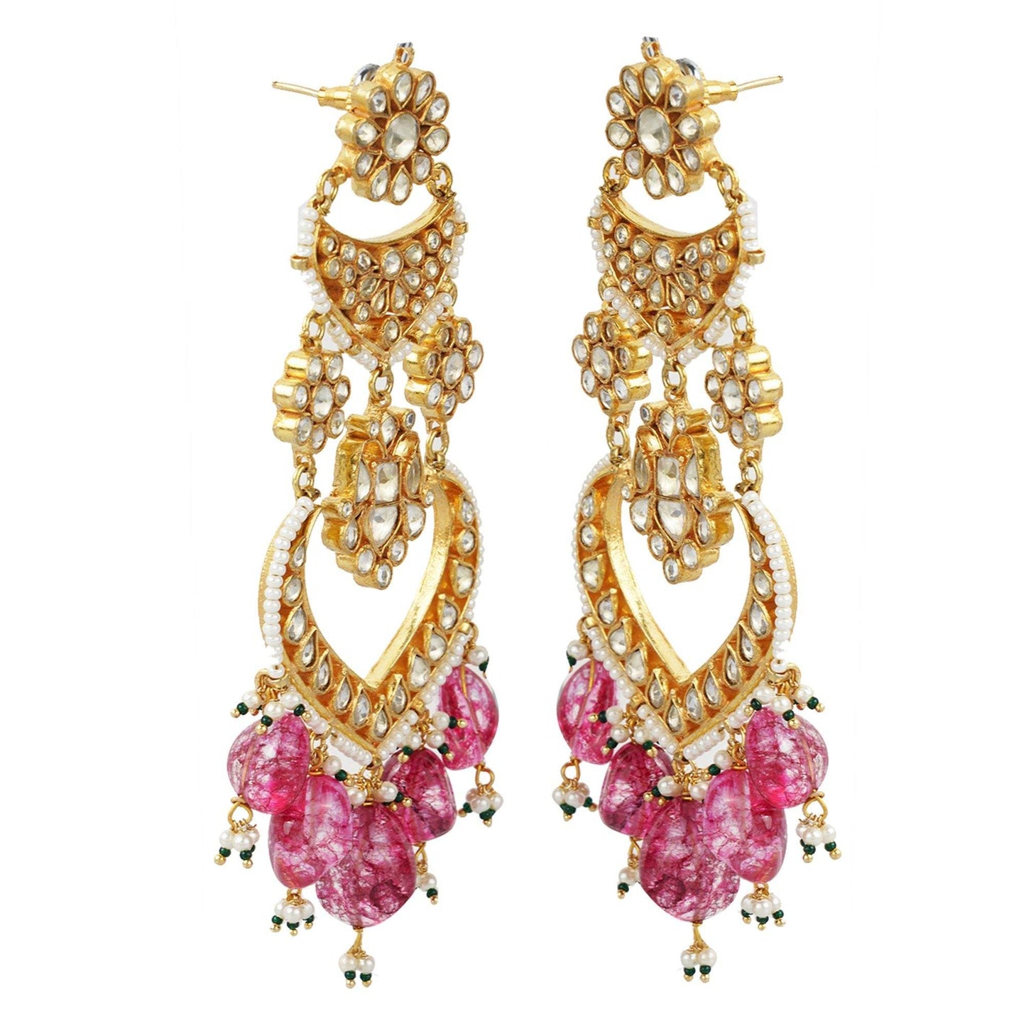Elegant Kundan Chandelier Earrings with Pink Stone Drops - Auraa Trends