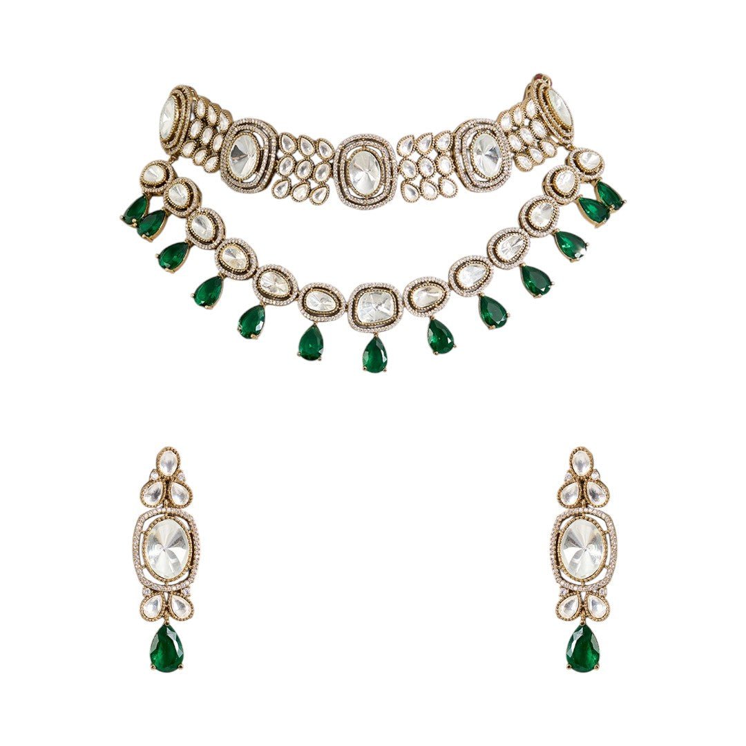 Elegant Kundan Choker Necklace Set with Green Drop Beads and Earrings for Women - Auraa Trends - traditional jewelry Bridal