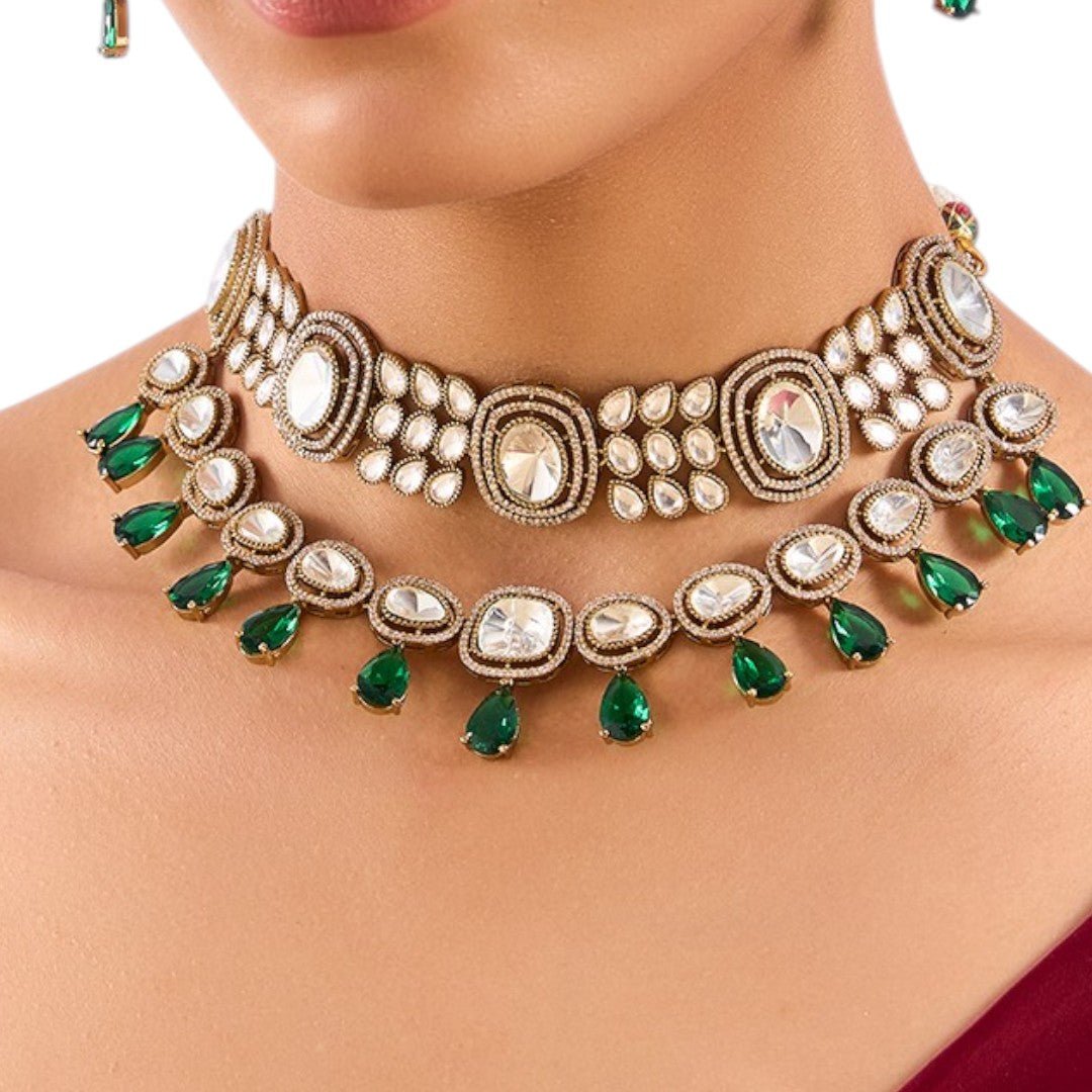 Elegant Kundan Choker Necklace Set with Green Drop Beads and Earrings for Women - Auraa Trends - Buy Green Necklace Set,